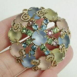 Vintage Pastel Rhinestone Brooch, Cabochon Prong Set Gold Tone, Unsigned